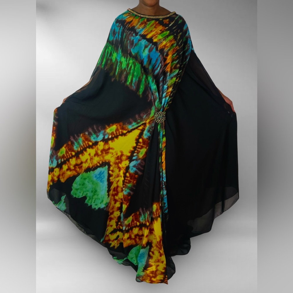 Black Multicolor Sheer Chiffon Embellished Print Oversized Maxi Kaftan Dress